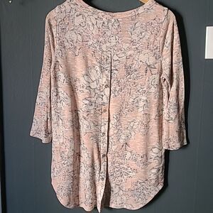 Rose + Olive Floral Print Pink/Gray Top, Buttons in Back, Large